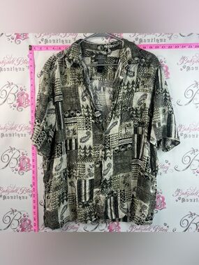 Liz Claiborne shirt button up Black & White Patchwork Print Short-Sleeve Shirt